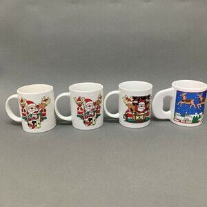 Sanyei Coffee Cups Christmas Santa Claus Reindeer Multicolor 3 3/4" Lot of 4